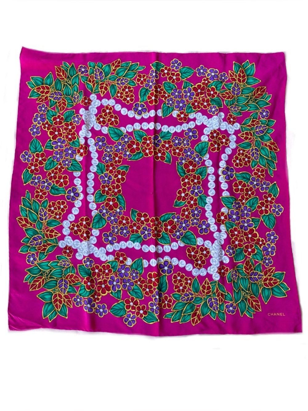 CHANEL Fuchsia Floral Silk Scarf with Green Leaves and Pearl Motif